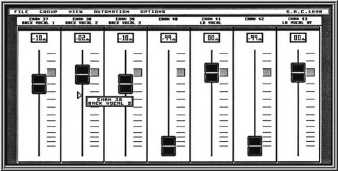 a screencapture of the software audio console's black and white gui, courtesy of rmllabs, robert lentini